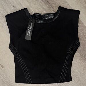 Maniere De Voir Black Crewneck Contrast Stitch Crop Top
